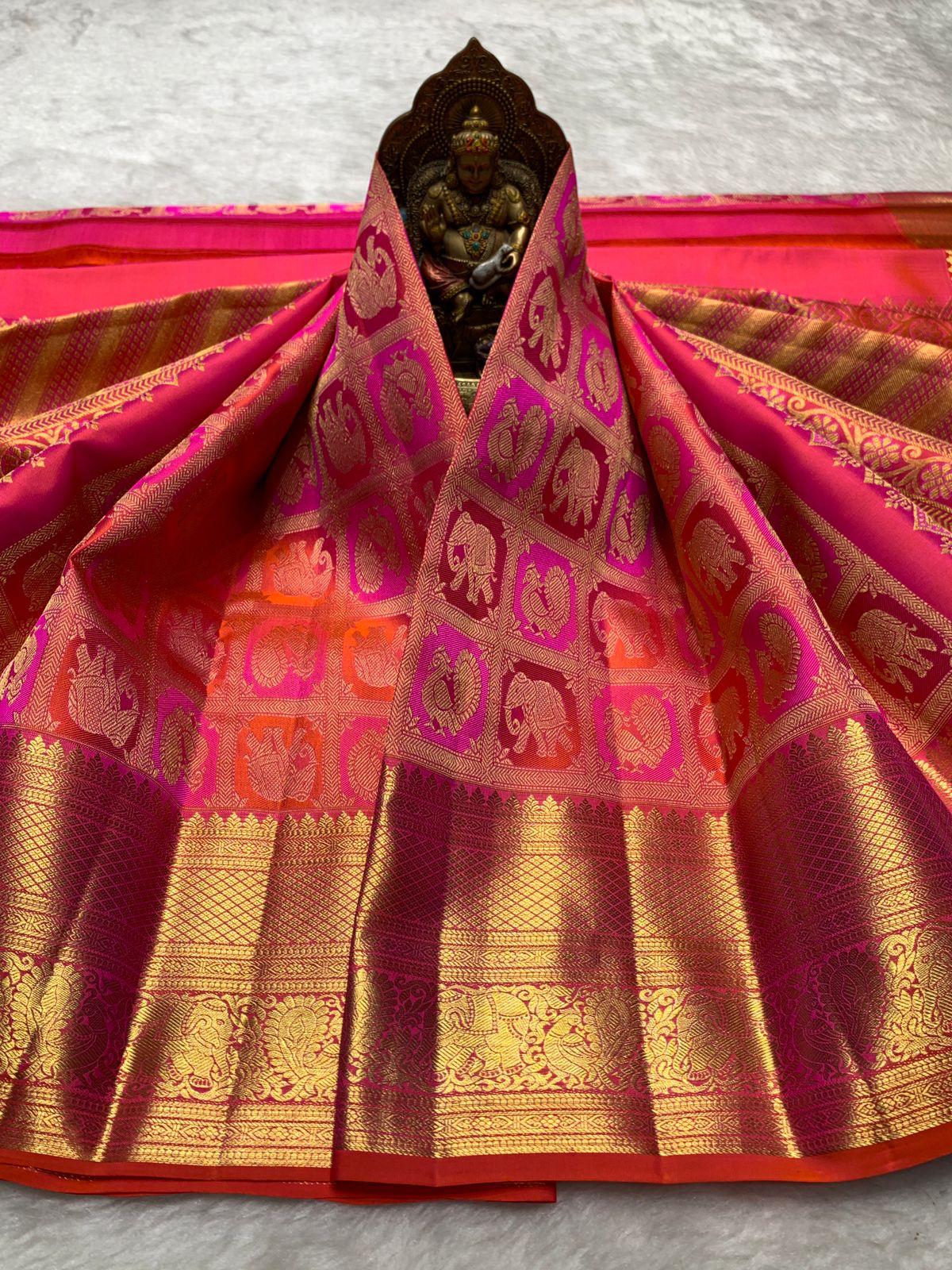 Susurrous Dark Pink Pure Zari Weaving Banarasi Silk Saree With Enticing Blouse Piece