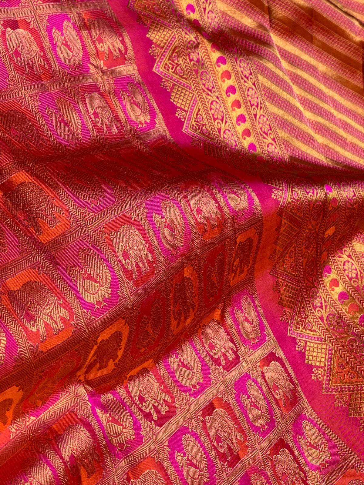Susurrous Dark Pink Pure Zari Weaving Banarasi Silk Saree With Enticing Blouse Piece