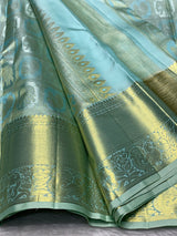 Flameboyant Sky Pure Zari Weaving Banarasi Silk Saree With Blissful Blouse Piece