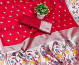 Ailurophile Red Paithani Silk Saree With Diaphanous Blouse Piece