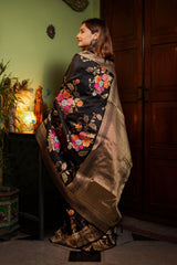 Charming Black Soft Banarasi Silk Saree With Hypnotic Blouse Piece