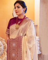 Demanding Beige Soft Banarasi Silk Saree With Adorable Blouse Piece