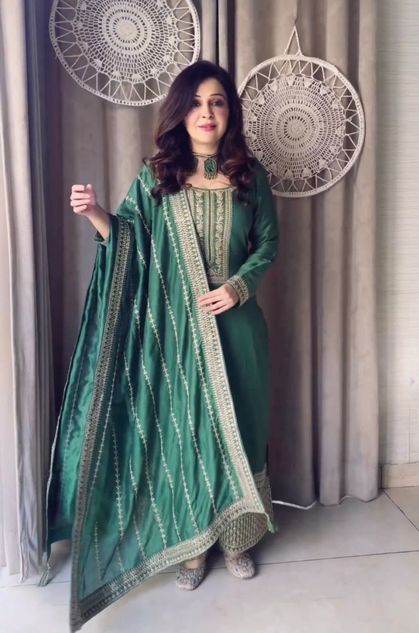 Adorable Dusty Green Embroidery Work Sharara Suit