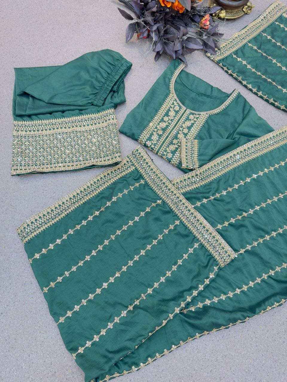 Adorable Dusty Green Embroidery Work Sharara Suit