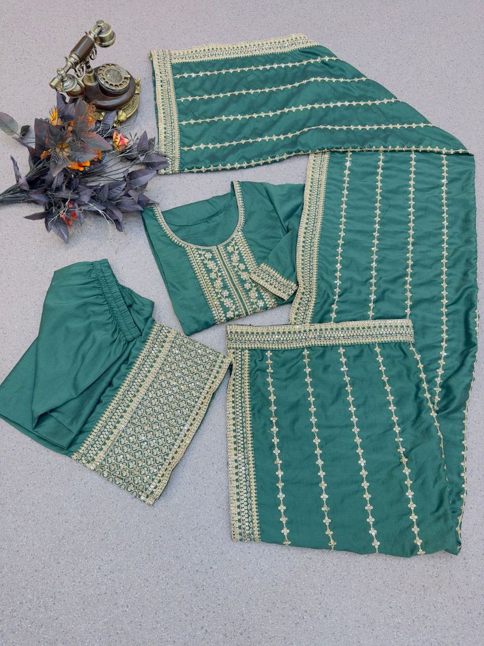 Adorable Dusty Green Embroidery Work Sharara Suit