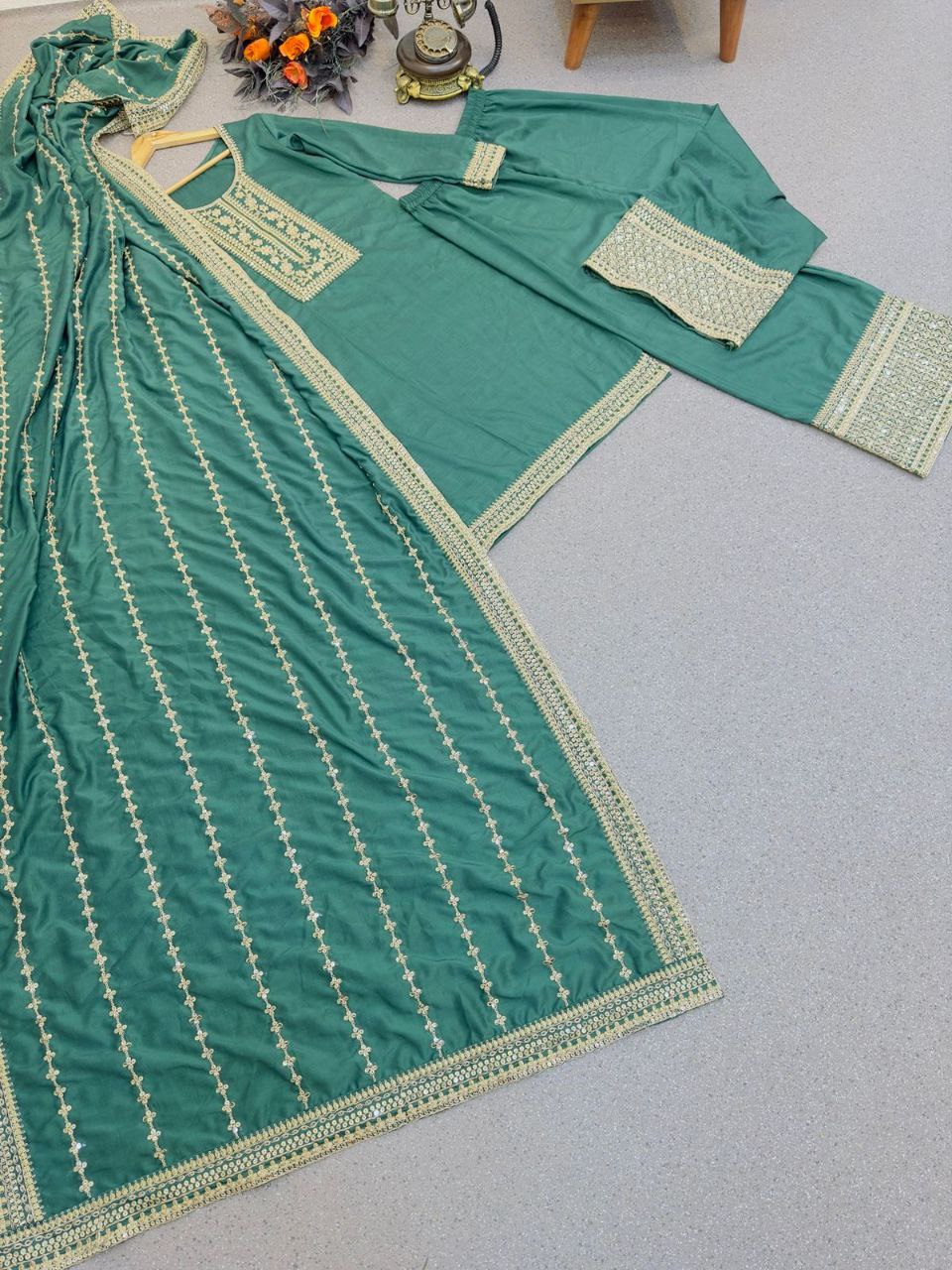 Adorable Dusty Green Embroidery Work Sharara Suit