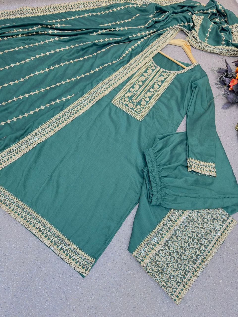Adorable Dusty Green Embroidery Work Sharara Suit