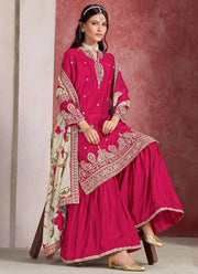 Adorable Rani Pink Embroidered Chinon Silk Palazzo Salwar Suit with Taby Silk Dupatta