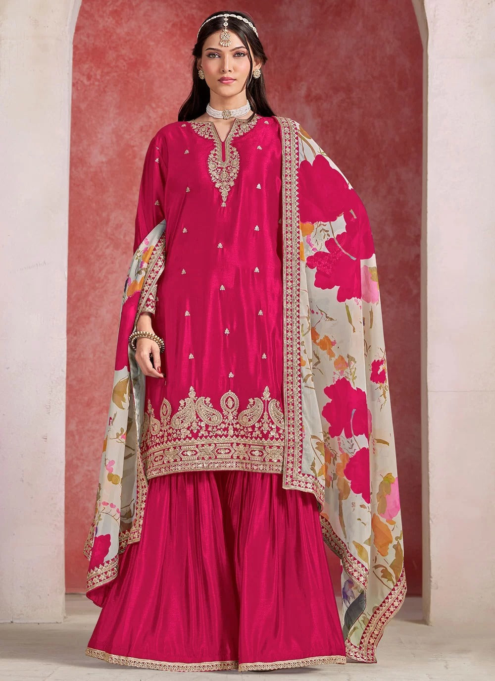 Adorable rani pink embroidered chinon silk palazzo salwar suit with taby silk dupatta