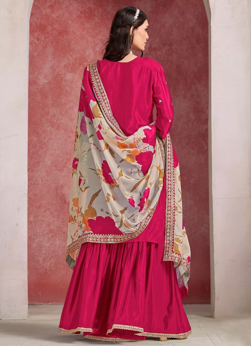 Adorable rani pink embroidered chinon silk palazzo salwar suit with taby silk dupatta