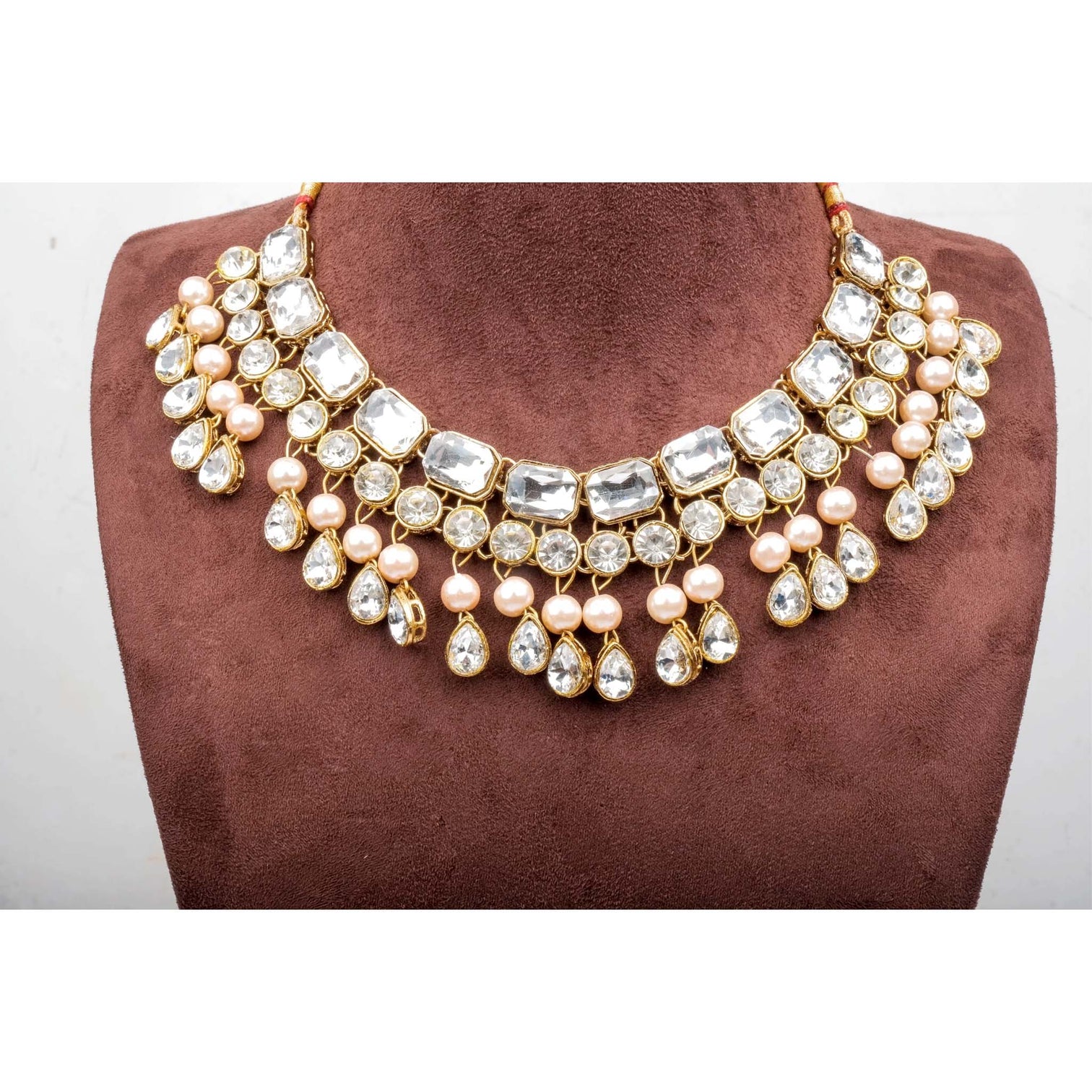 Heavy Dimond and Gold Plated Pearl Necklace Jewel Set (White, Rose Gold)