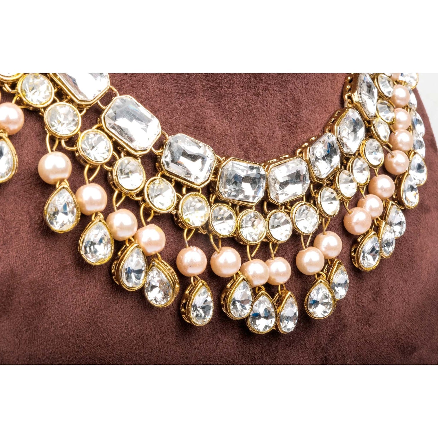 Heavy Dimond and Gold Plated Pearl Necklace Jewel Set (White, Rose Gold)