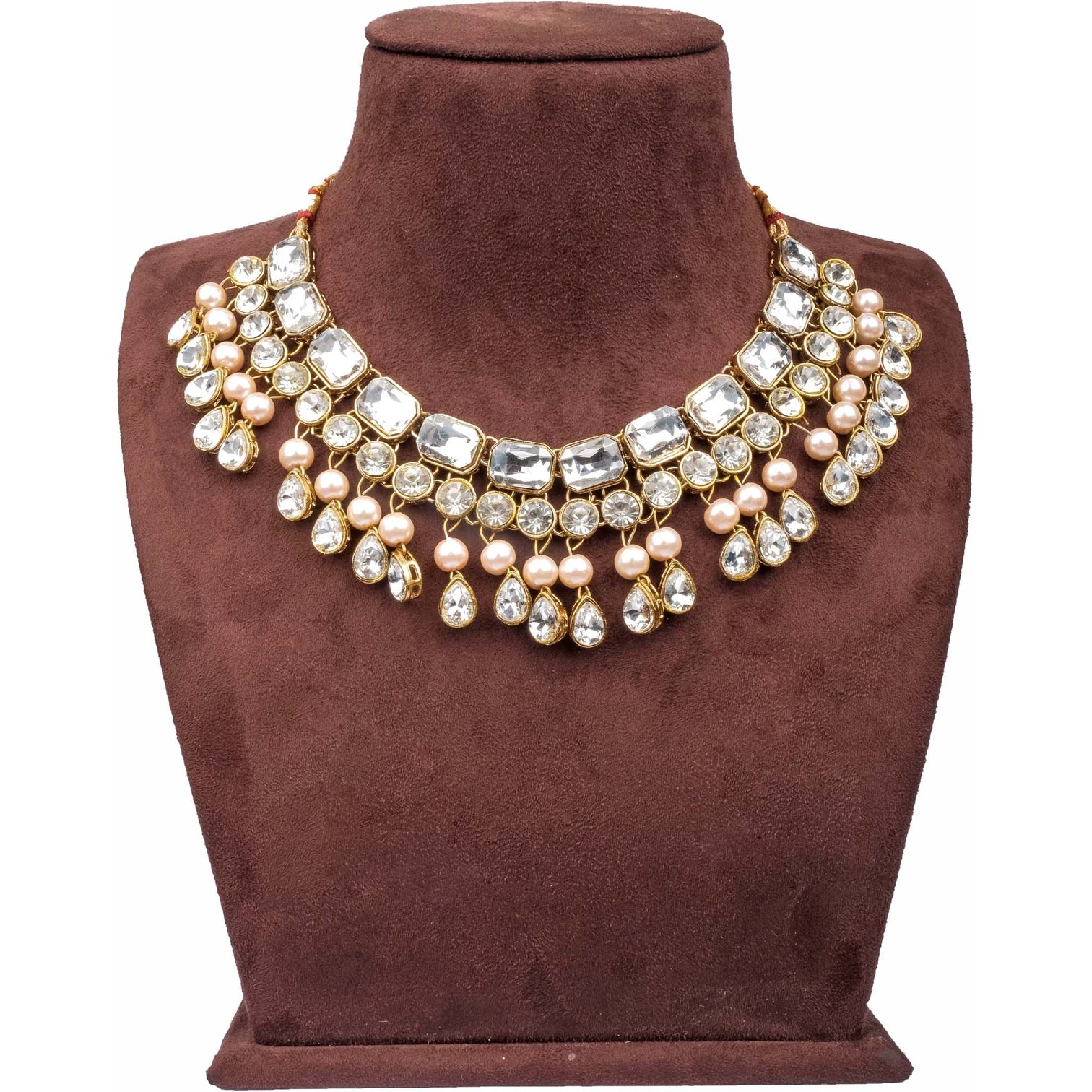Heavy Dimond and Gold Plated Pearl Necklace Jewel Set (White, Rose Gold)