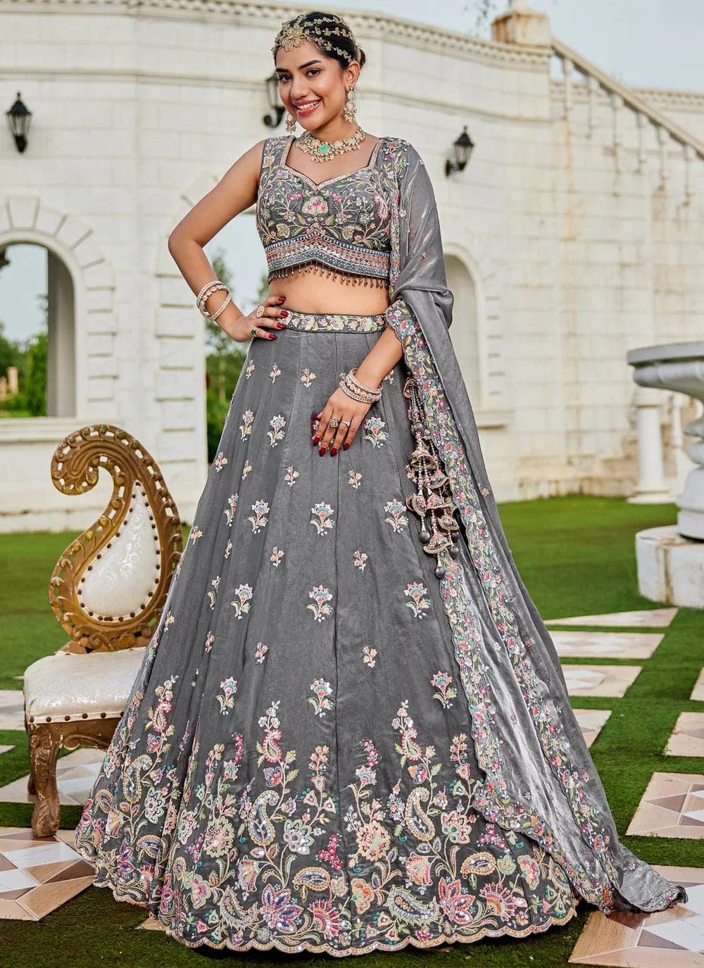Dazzling grey tissue sequin work wedding wear lehenga choli