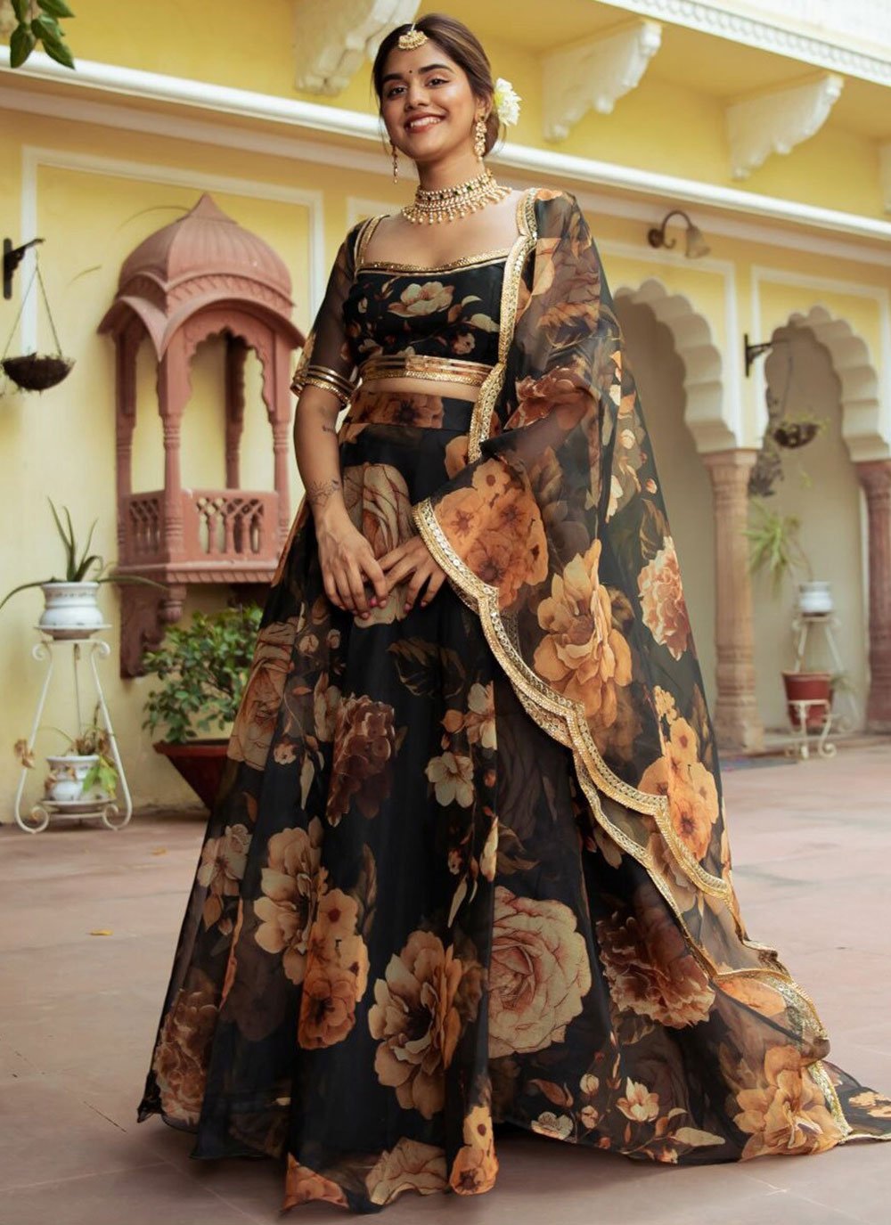 Alluring black gota patti work organza simple indian lehenga choli with dupatta