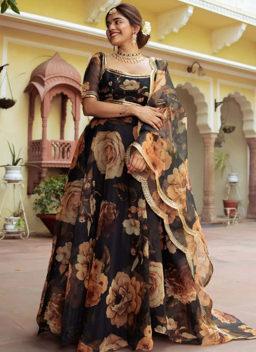 Alluring black gota patti work organza simple indian lehenga choli with dupatta