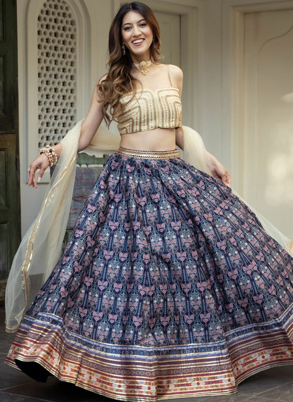 Alluring blue gota patti work art silk party wear lehenga choli with dupatta