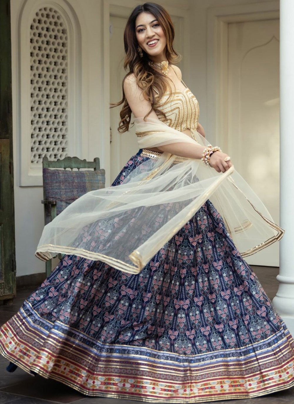 Alluring blue gota patti work art silk party wear lehenga choli with dupatta