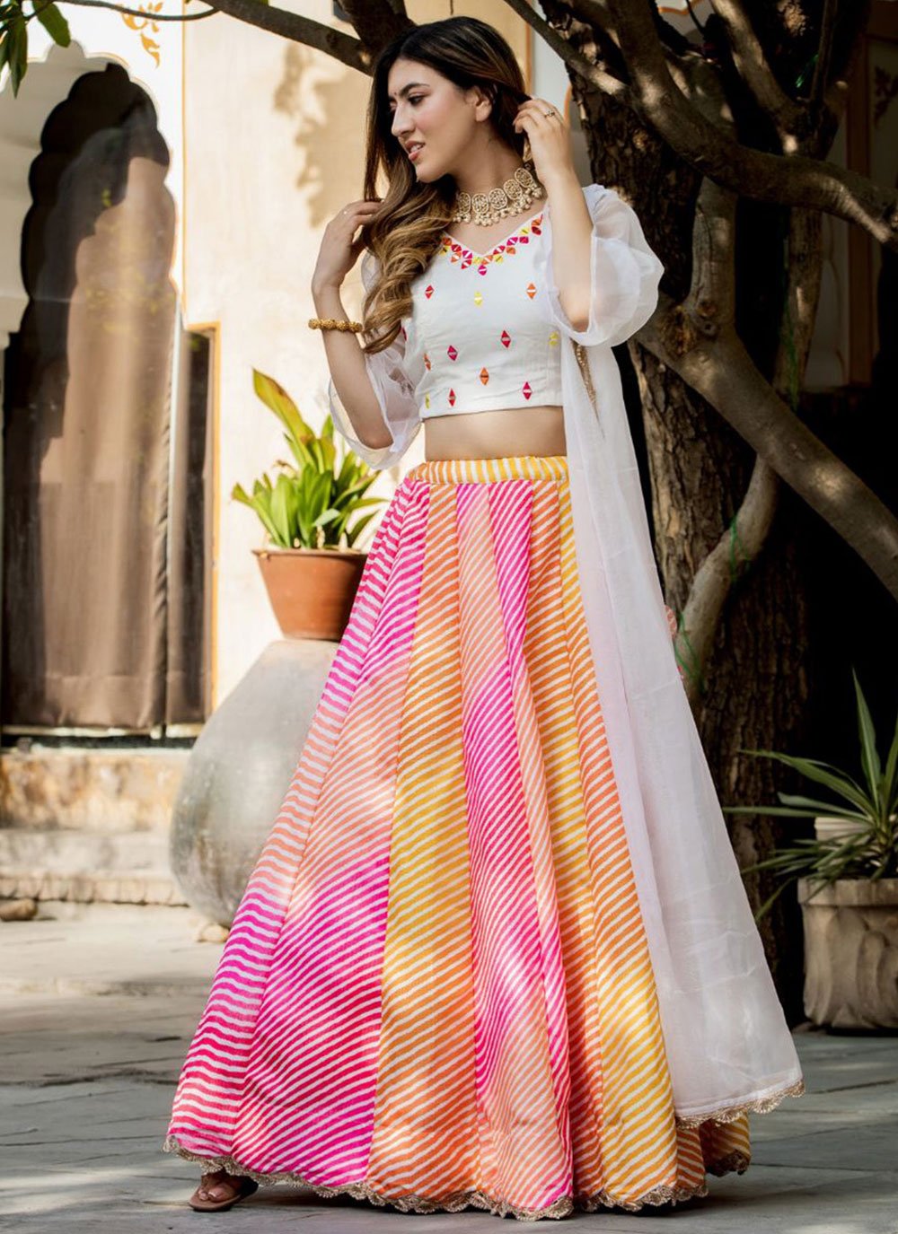 Alluring multicolor digital print designer engagement lehenga choli with dupatta