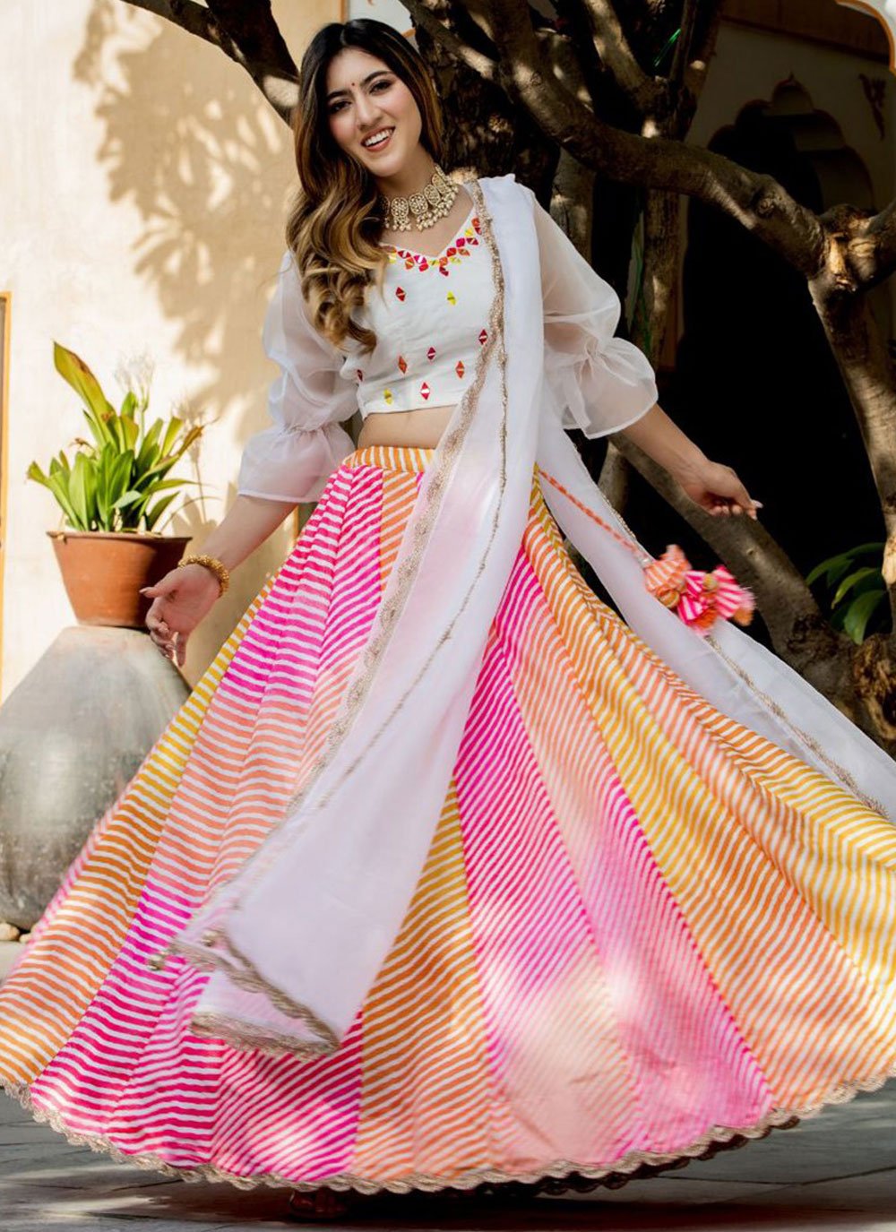 Alluring multicolor digital print designer engagement lehenga choli with dupatta