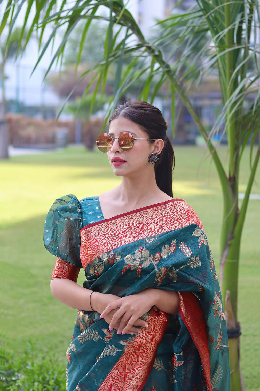 Devastating Rama Organza Silk Saree With Glowing Blouse Piece