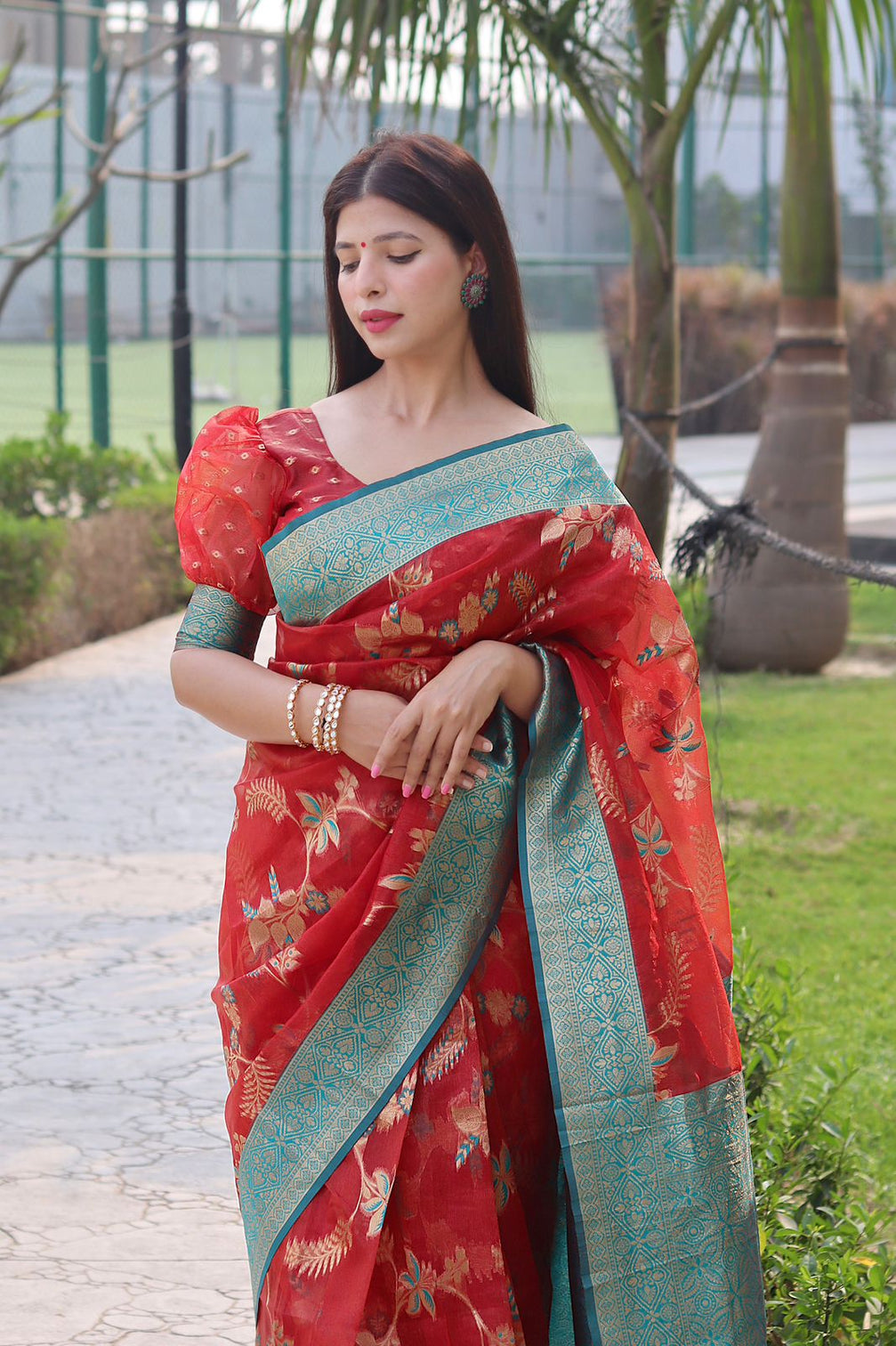 Smashing Red Organza Silk Saree With Demanding Blouse Piece