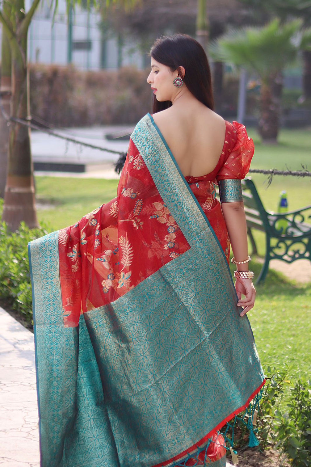 Smashing Red Organza Silk Saree With Demanding Blouse Piece