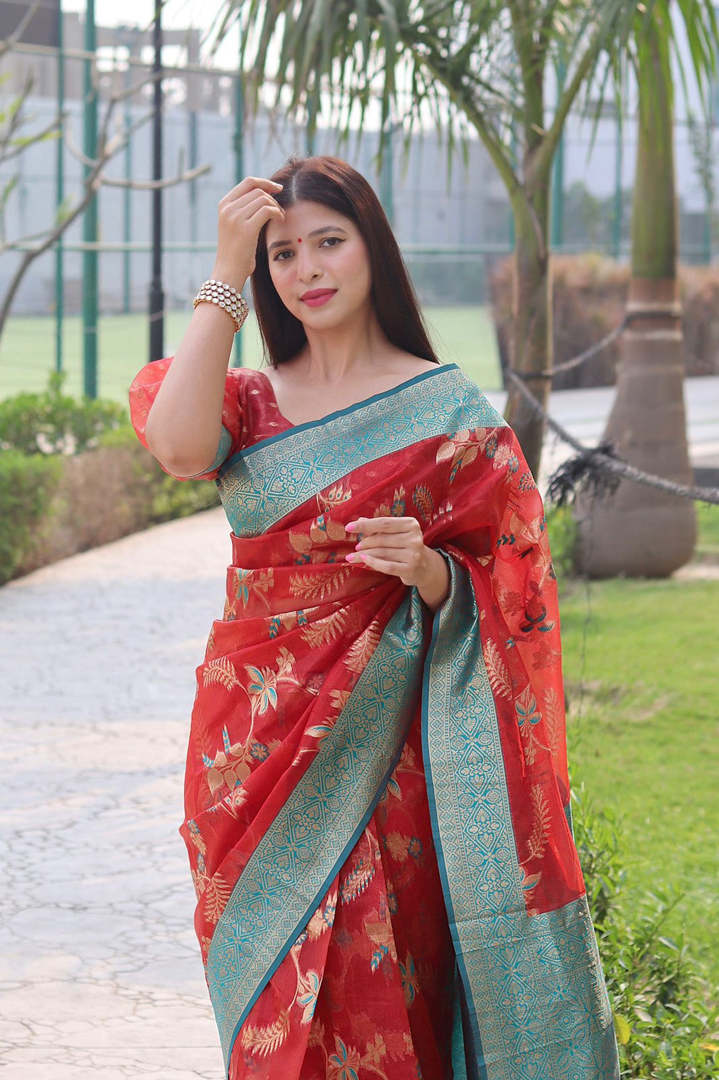 Smashing Red Organza Silk Saree With Demanding Blouse Piece