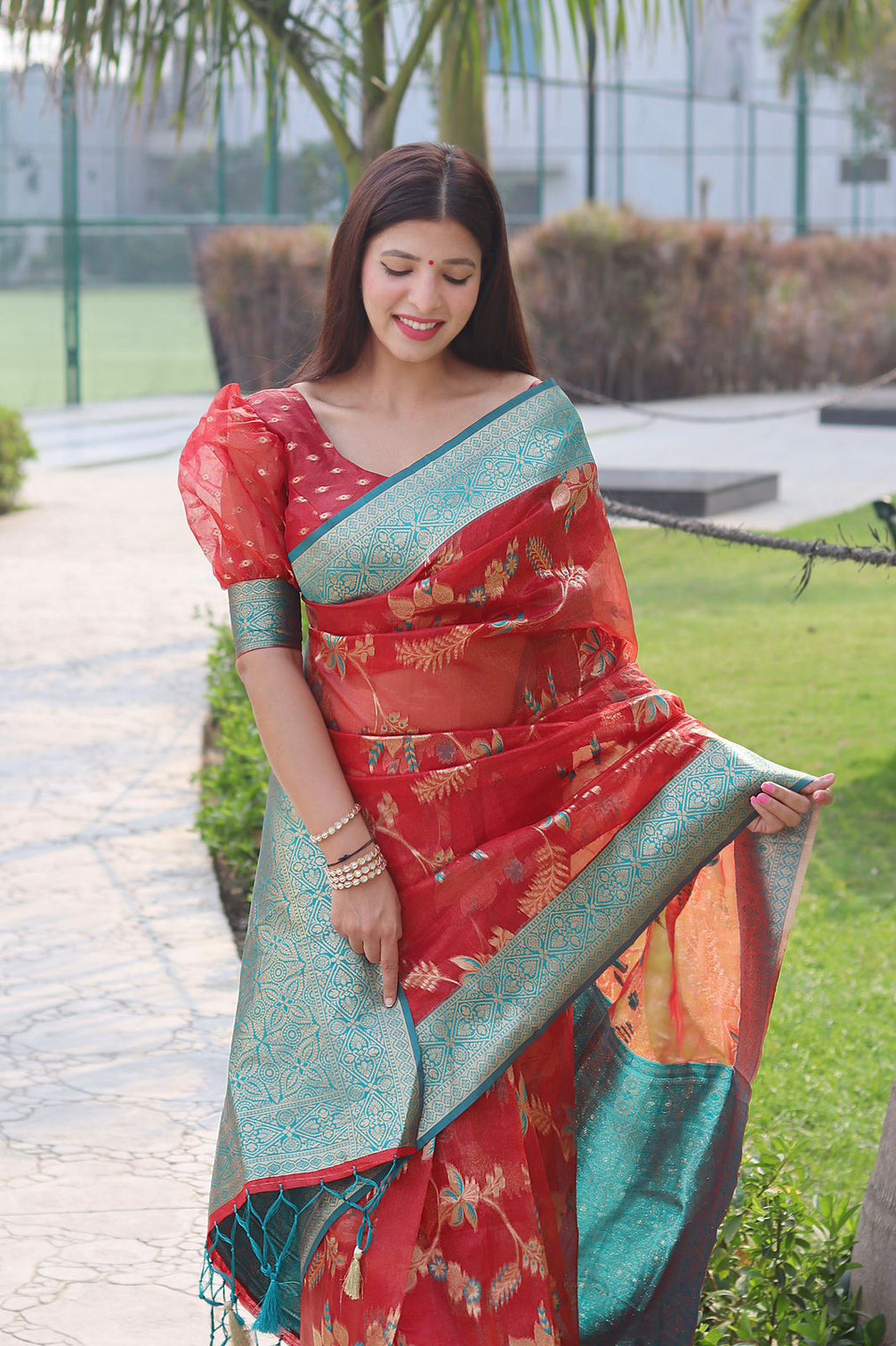Smashing Red Organza Silk Saree With Demanding Blouse Piece
