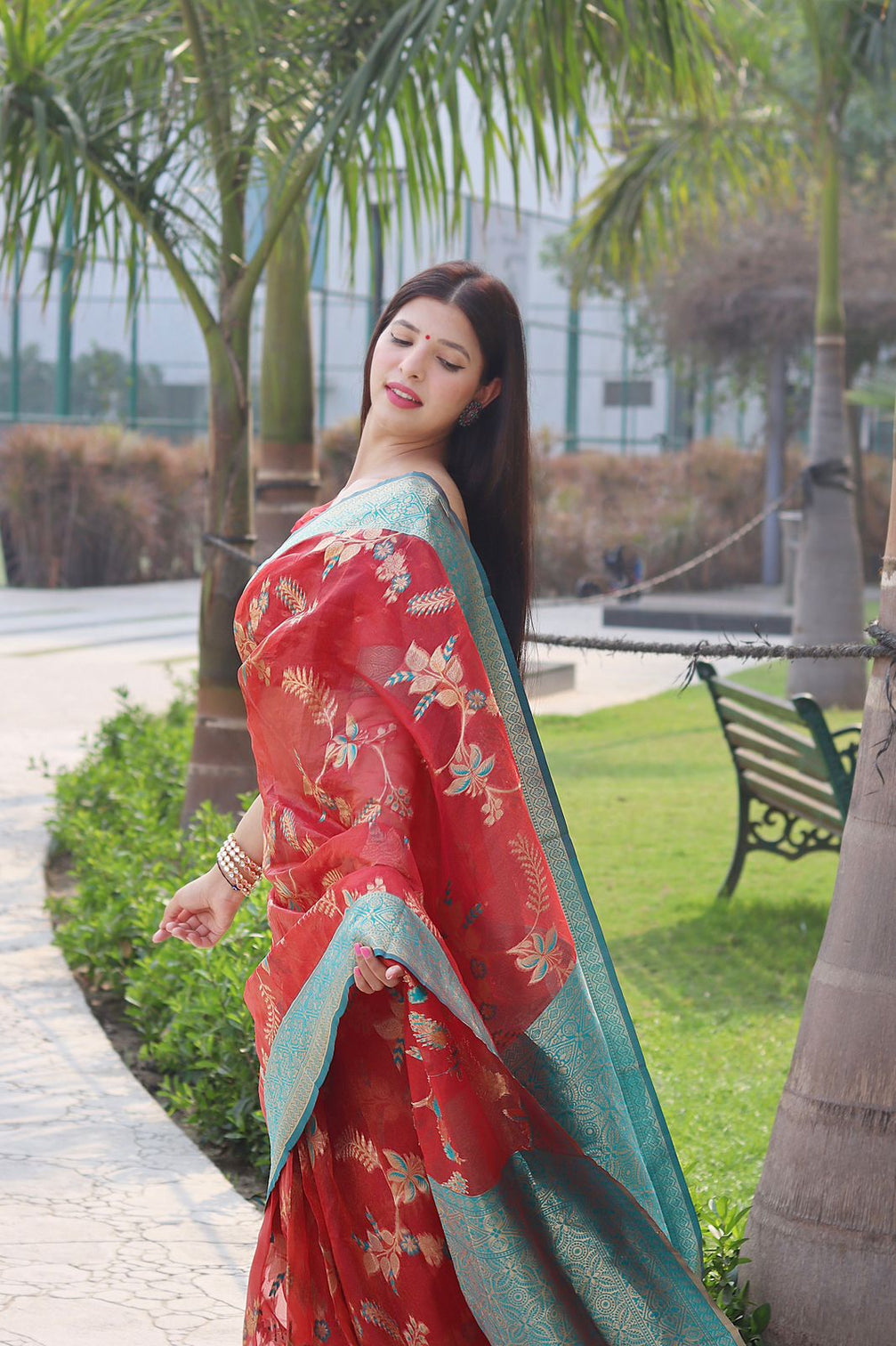 Smashing Red Organza Silk Saree With Demanding Blouse Piece