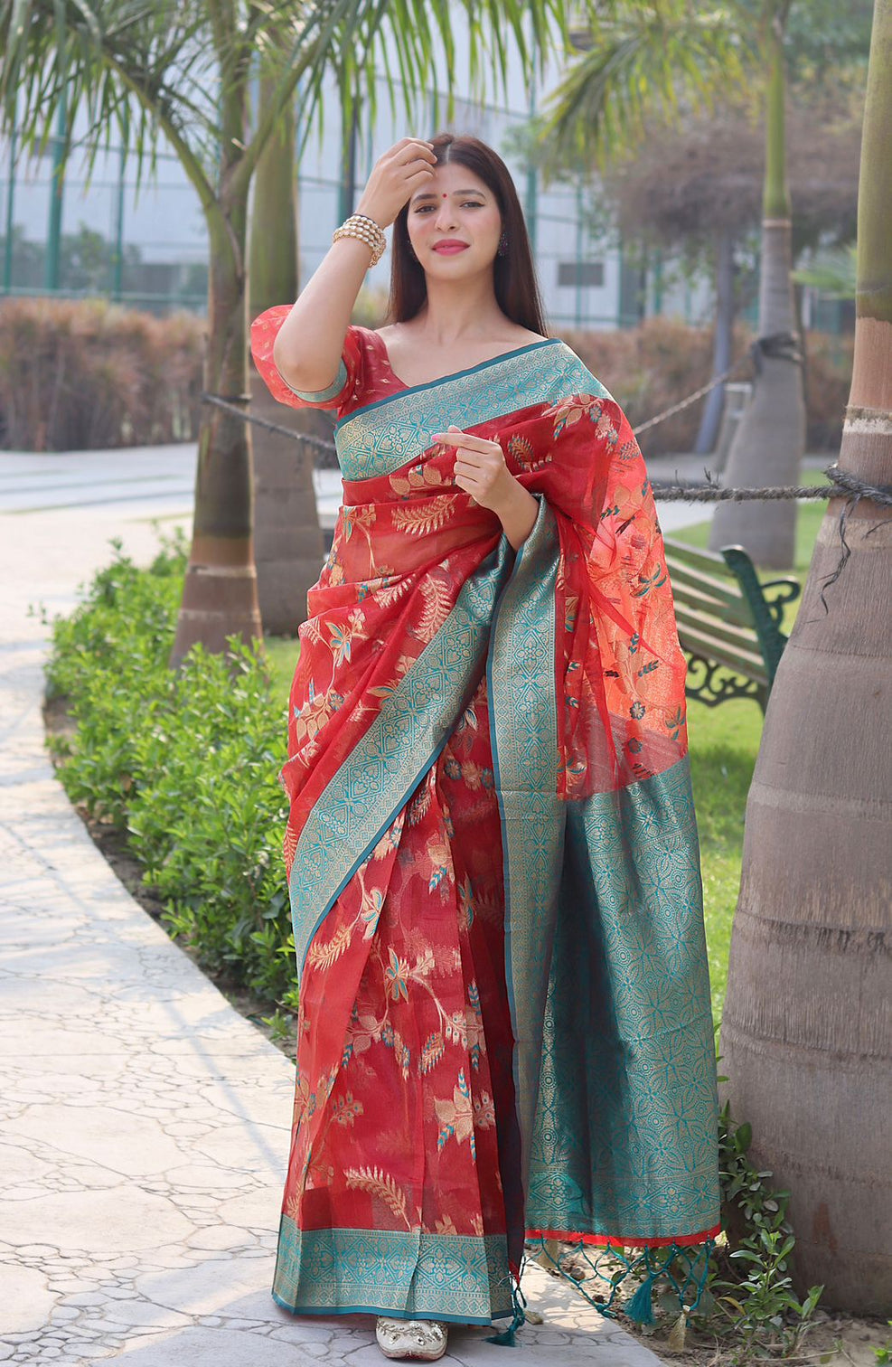Smashing Red Organza Silk Saree With Demanding Blouse Piece