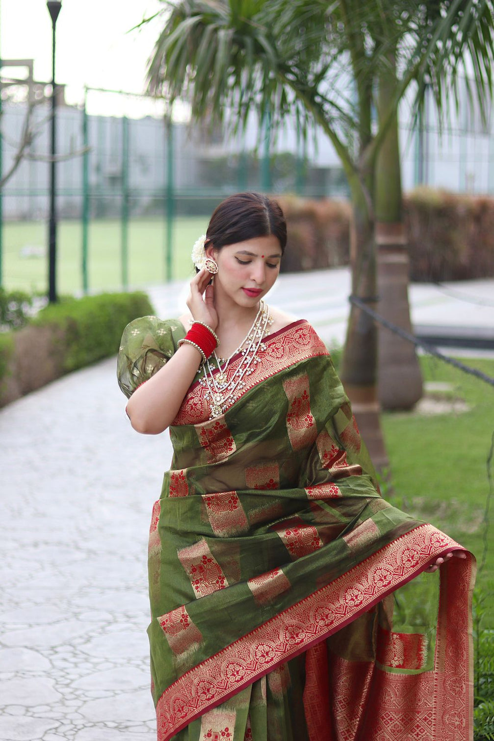 Trendy Green Organza Silk Saree With Dazzling Blouse Piece