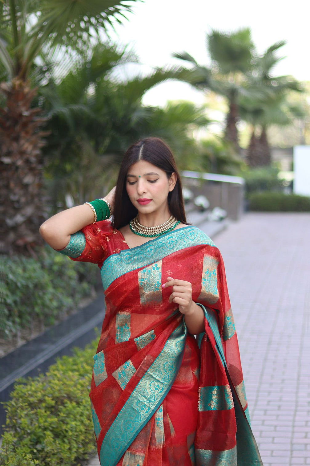 Elegant Red Organza Silk Saree With Dazzling Blouse Piece
