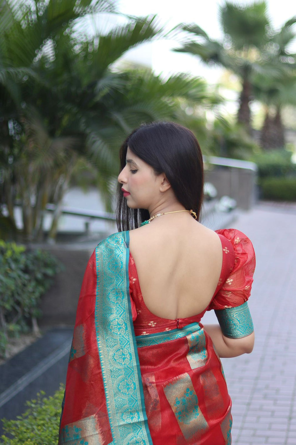 Elegant Red Organza Silk Saree With Dazzling Blouse Piece