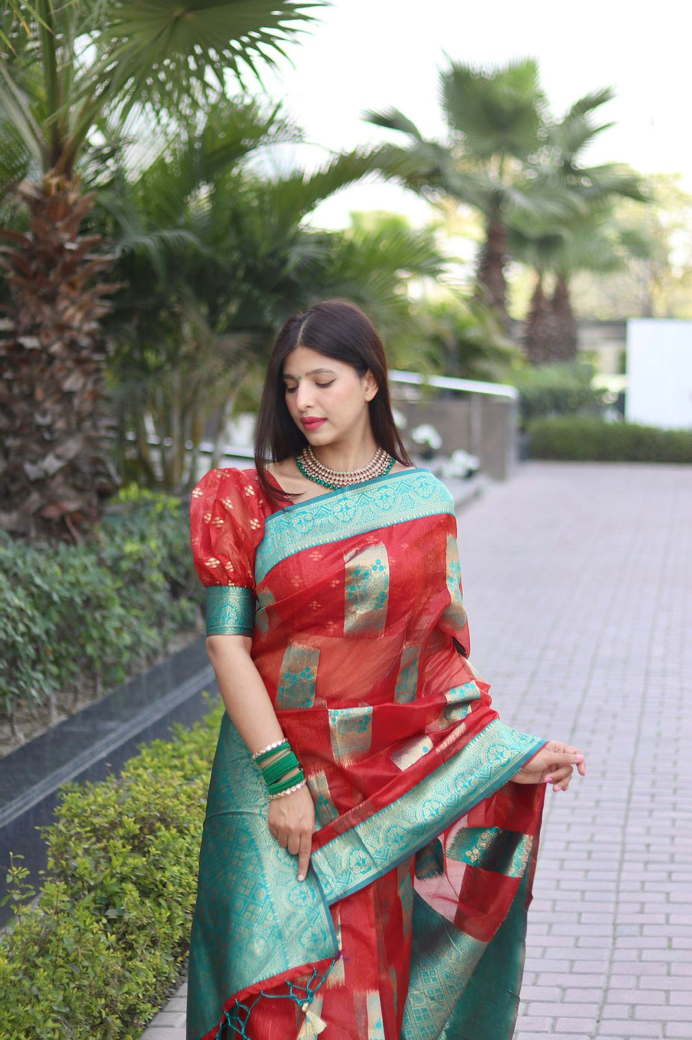 Elegant Red Organza Silk Saree With Dazzling Blouse Piece