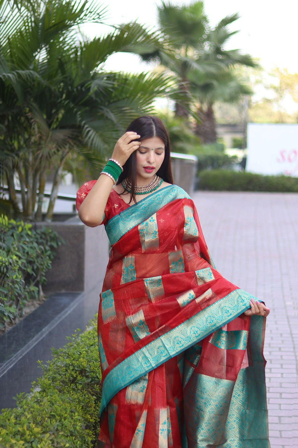 Elegant Red Organza Silk Saree With Dazzling Blouse Piece
