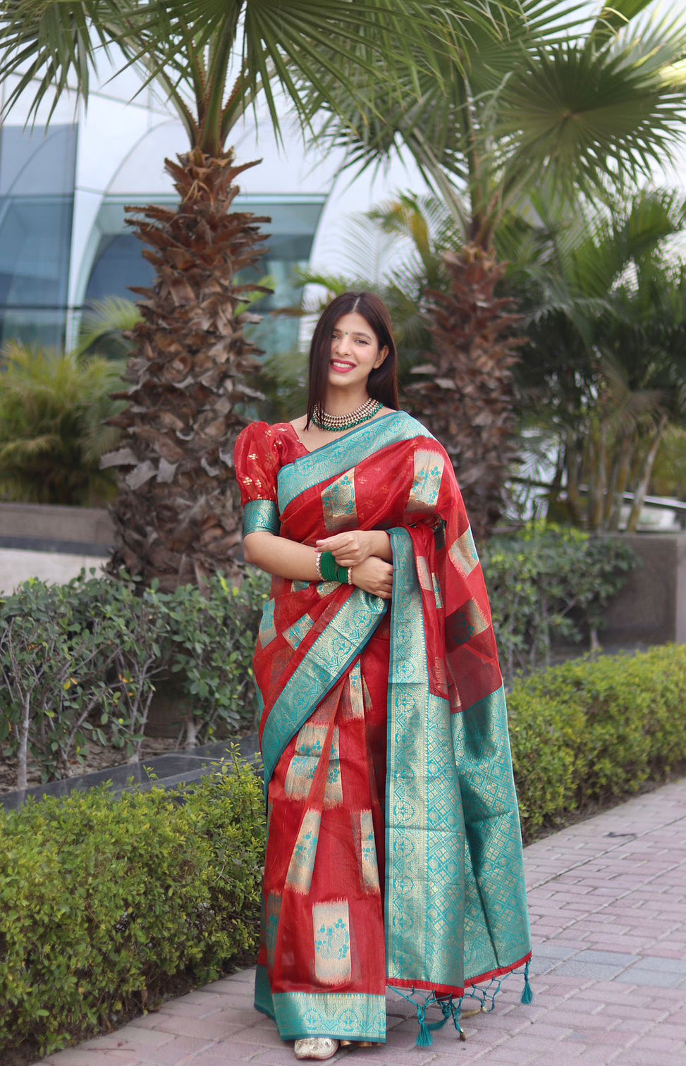 Elegant Red Organza Silk Saree With Dazzling Blouse Piece