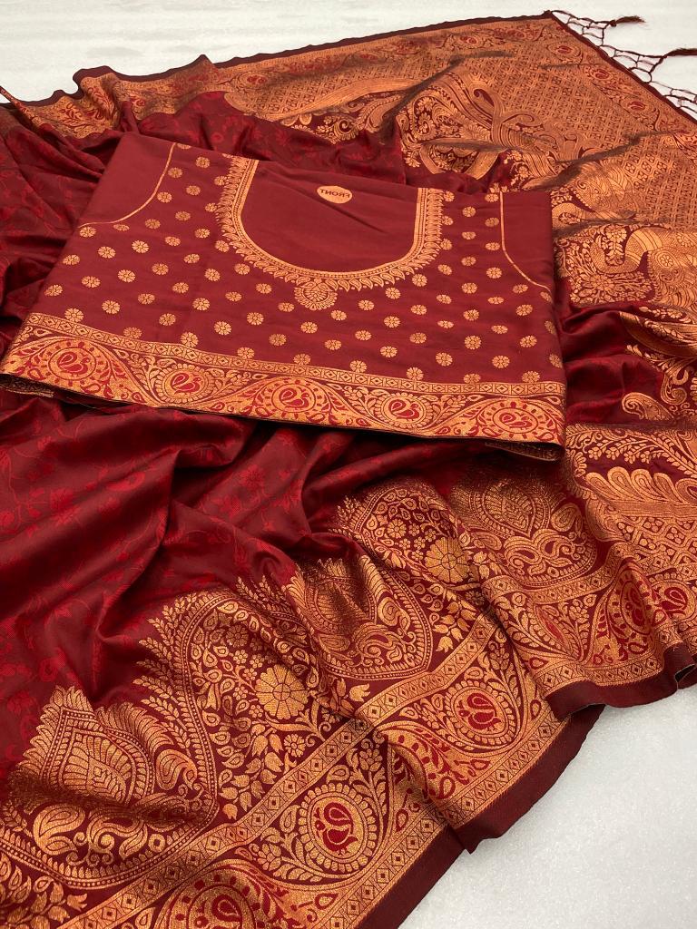 Flattering Maroon Soft Banarasi Silk Saree With Snazzy Blouse Piece