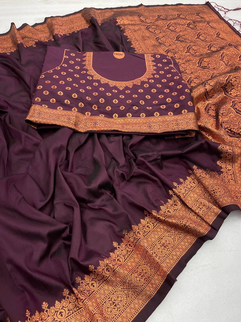 Pretty Wine Soft Banarasi Silk Saree With Snazzy Blouse Piece