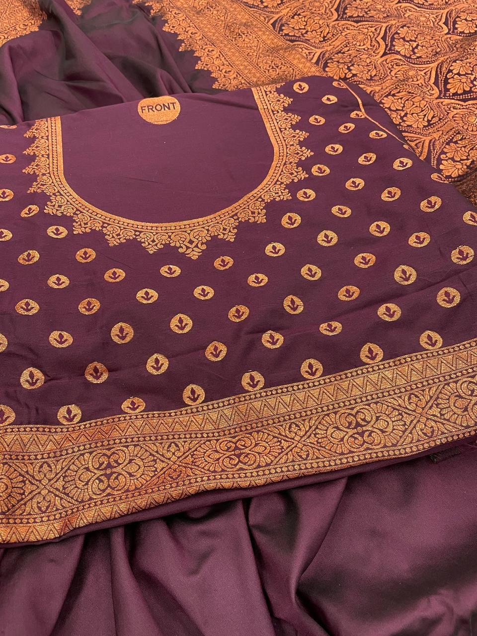 Pretty Wine Soft Banarasi Silk Saree With Snazzy Blouse Piece