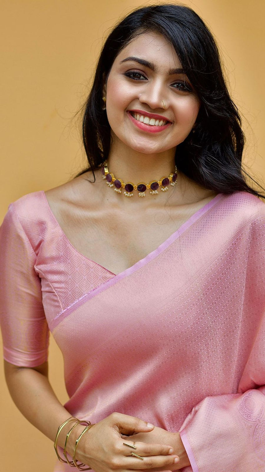 Dalliance Baby Pink Soft Silk Saree with Demesne Blouse Piece