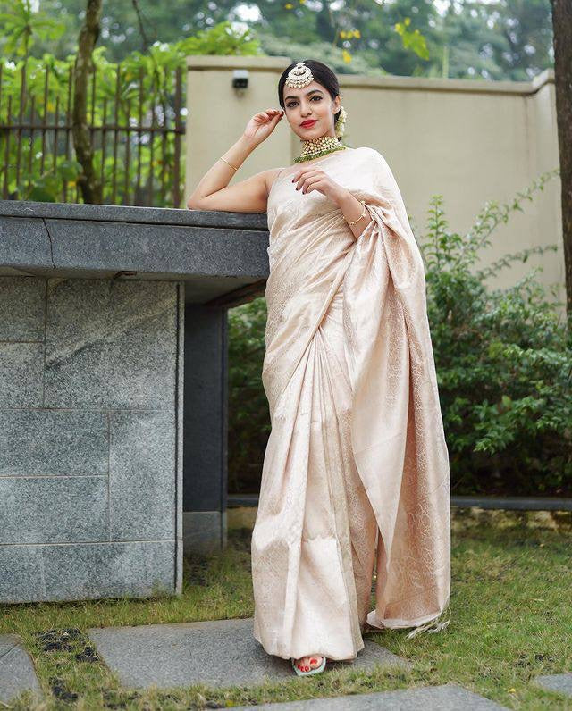 Classy Beige Soft Banarasi Silk Saree With Scrumptious Blouse Piece
