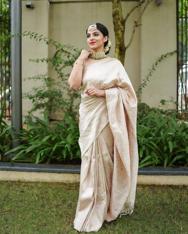 Classy Beige Soft Banarasi Silk Saree With Scrumptious Blouse Piece