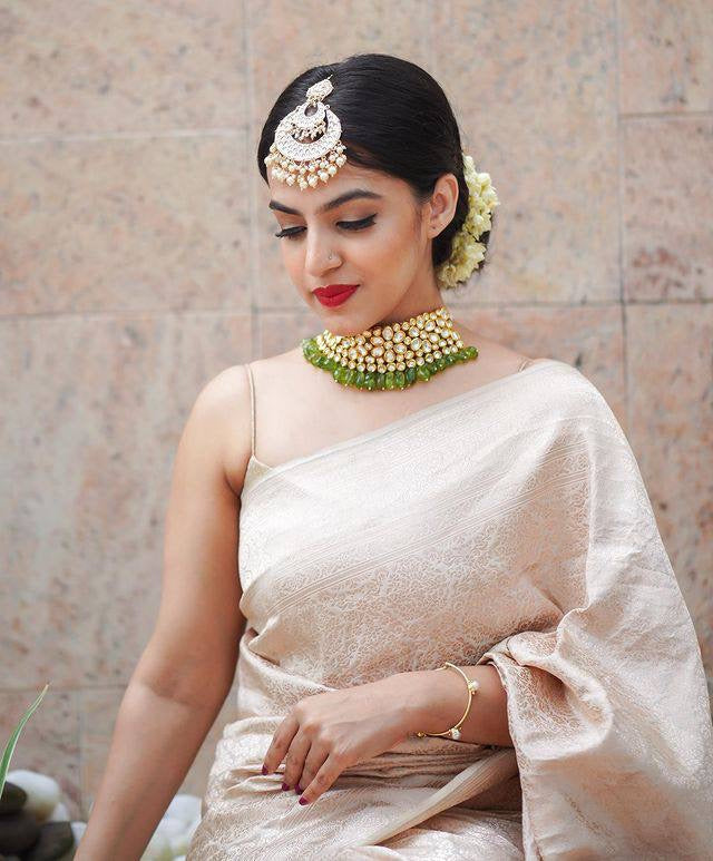 Classy Beige Soft Banarasi Silk Saree With Scrumptious Blouse Piece