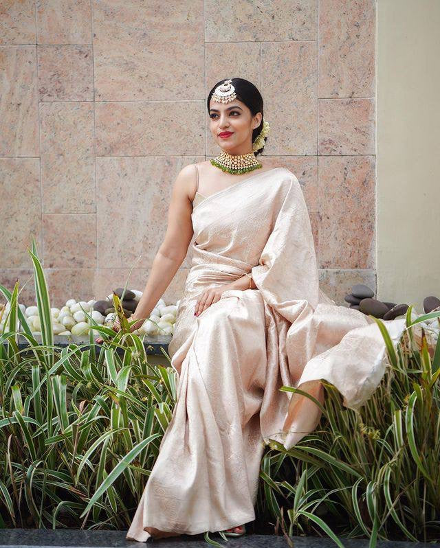 Classy Beige Soft Banarasi Silk Saree With Scrumptious Blouse Piece