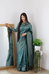 Demanding Rama Soft Banarasi Silk Saree With Lovely Blouse Piece