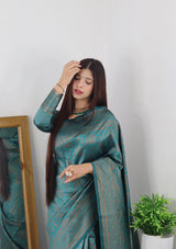 Demanding Rama Soft Banarasi Silk Saree With Lovely Blouse Piece