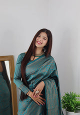 Demanding Rama Soft Banarasi Silk Saree With Lovely Blouse Piece