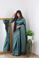 Demanding Rama Soft Banarasi Silk Saree With Lovely Blouse Piece