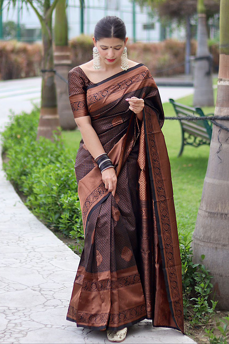 Fantabulous Black Soft Banarasi Silk Saree With Energetic Blouse Piece